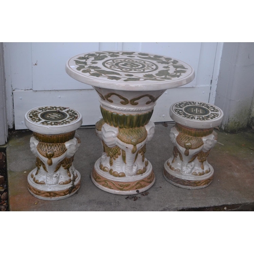 405 - Elephant depicted hand made designed ceramic patio table and 2 patio ceramic stools - beautiful- the... 