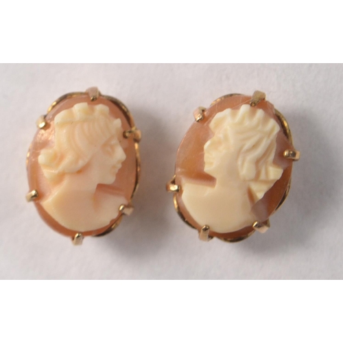 41 - 9ct gold stud earings with a real shell cameo design. Really pretty, one of the stud backs is missin... 