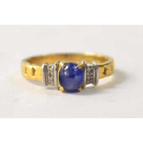 50 - 18k yellow gold cabochon cut sapphire and diamond set shoulders , sapphire 5mm x 4 mm dimension appr... 