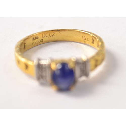 50 - 18k yellow gold cabochon cut sapphire and diamond set shoulders , sapphire 5mm x 4 mm dimension appr... 