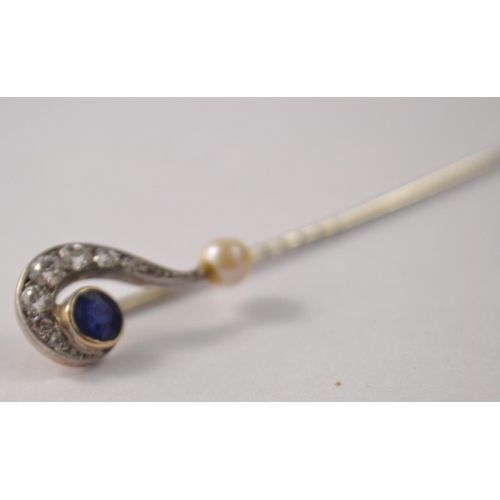 52 - 18ct yellow gold Art Deco diamond, sapphire and pearl stick pin in shape of question mark with prese... 