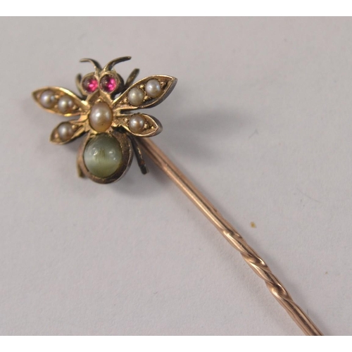 53 - Victorian moonstone, pearl and ruby set stick pin in design of a flying insect in presentation box