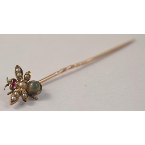 53 - Victorian moonstone, pearl and ruby set stick pin in design of a flying insect in presentation box