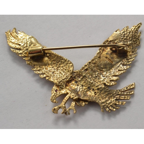 57 - 9ct gold golden eagle brooch set with diamonds and ruby