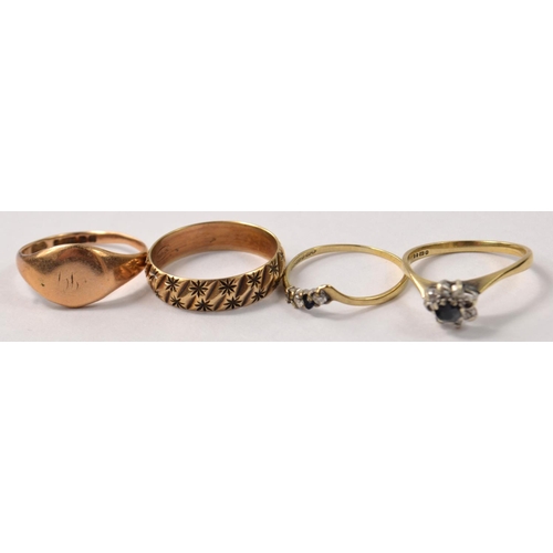 7 - Selection of four 9ct gold rings. To include one wedding band, one signet ring, one sapphire ring in... 