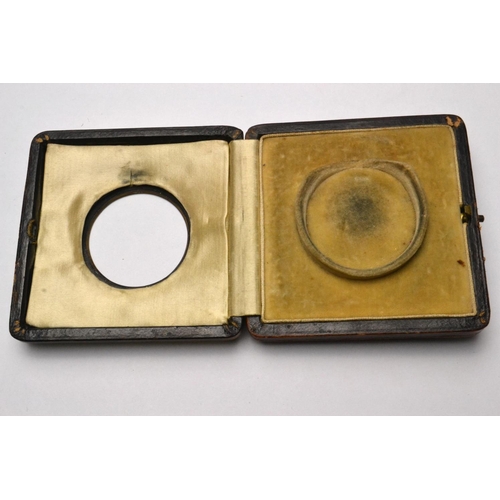 70 - Birmingham silver rimmed pocket watch holder with yellow enamelled front and leather back. Hallmarks... 