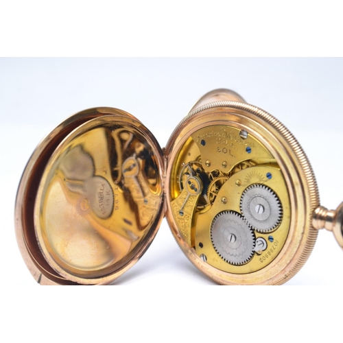 71 - WALTHAM full hunter pocket watch with Roman numeral dial and second dial. ESTRELLA 14k dust cover an... 