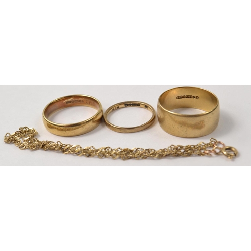 8 - Selection of 9ct gold wedding bands and a yellow metal bracelet. Thickest band size R, middle thickn... 