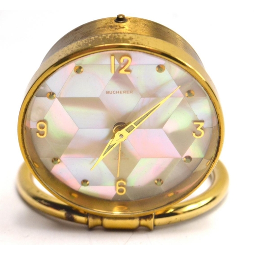 82 - BUCHERER mother of pearl faced alarm clock with original 1963 receipt