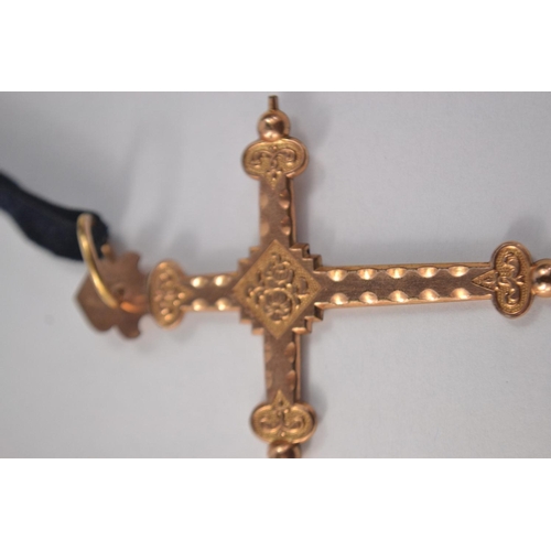 32 - Yellow metal 19th century French (possibly Bishops cross) (L: 7cm approx) on velvet cord with a yell... 