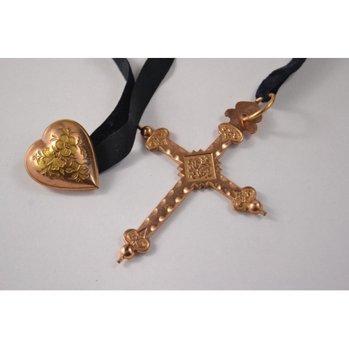 32 - Yellow metal 19th century French (possibly Bishops cross) (L: 7cm approx) on velvet cord with a yell... 