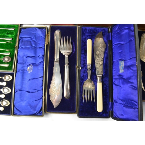 144 - Various boxed flatware include fish knives and forks etc