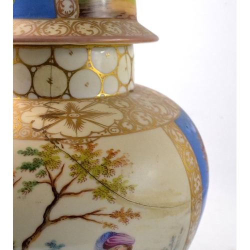 173 - Pair of Victorian scene temple jars and covers with beige and blue ground and gilt highlight. With f... 