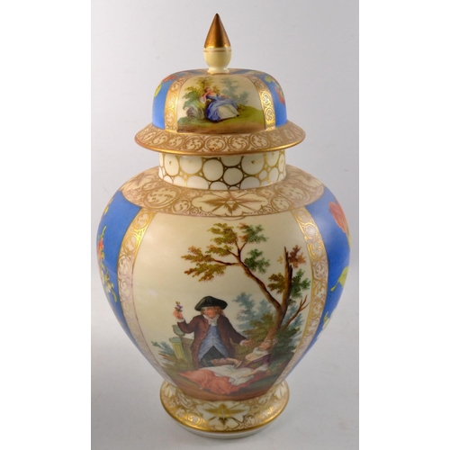 173 - Pair of Victorian scene temple jars and covers with beige and blue ground and gilt highlight. With f... 