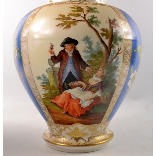 173 - Pair of Victorian scene temple jars and covers with beige and blue ground and gilt highlight. With f... 