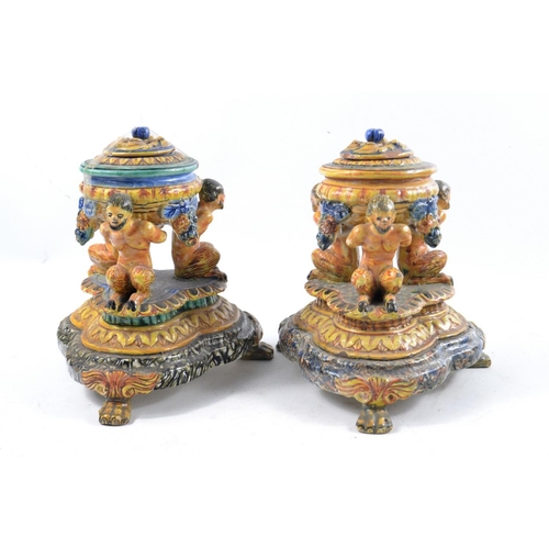 190 - Pair of c19th Century Majolica Italian pottery salts.