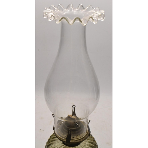 203 - Small oil lamp H 47cm approx, pressed decorative glass with an unusual glass font shade top, 47cm fr... 