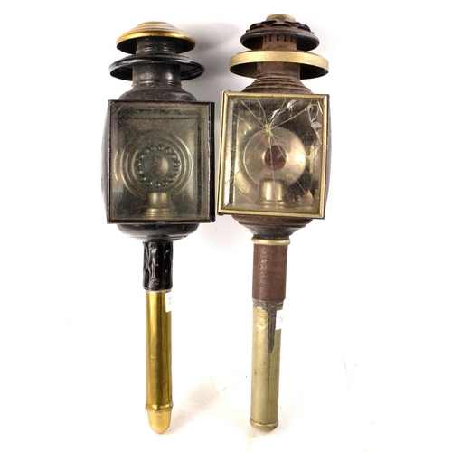 441 - 2 cVictorian coaching lamps, one pane of bevelled glass cracked, one semi-restored and with a brass ... 