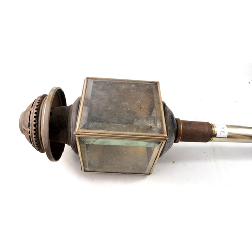 442 - A quality 19th Century coaching lamp, in fair condition, no holes and bevelled glass on the 2 sides ... 