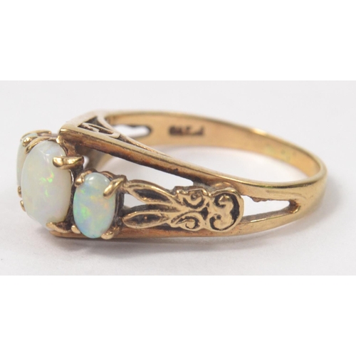 59 - 9ct 3 stone raised opal ring with engraved shoulders, size N