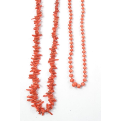 72 - 2 Coral necklaces. 1 String of Branch Coral [ L:76cm approx] 2 String of graduating beads with 9ct c... 