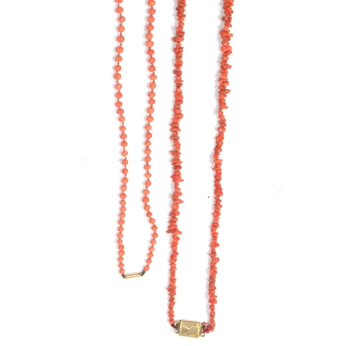 72 - 2 Coral necklaces. 1 String of Branch Coral [ L:76cm approx] 2 String of graduating beads with 9ct c... 