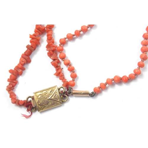 72 - 2 Coral necklaces. 1 String of Branch Coral [ L:76cm approx] 2 String of graduating beads with 9ct c... 