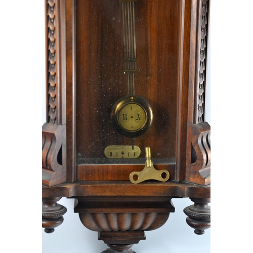 89 - Antique German Vienna style wall clock with Roman numeral dial (W: 13cm) and carved edges and 4 finn... 