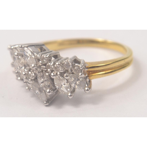 1 - Ladies Hallmarked 750 gold and multi diamond ring, 8 larger marquise cut and the rest smaller suppor... 