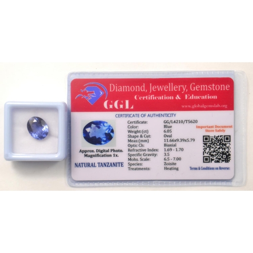 12 - Blue 6.05ct oval cut heat treated NATURAL TANZANITE with certificate