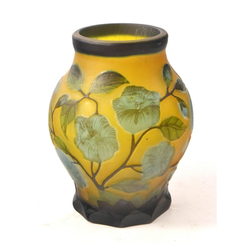 129E - EMILE GALLE style glass vase green leaves on brown