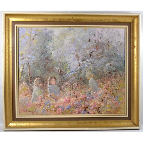 194 - A MAY HUTCHIESON Scottish artist oil picnic scene in a meadow 2ft H x 3ft Height