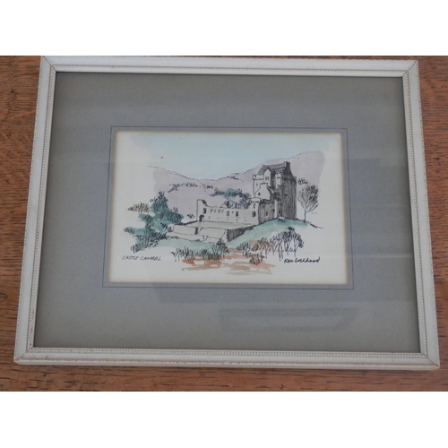 211 - Framed and glazed Ken Lochhead inter and watercolour sketch a Castle Campbell measuring 27 x 22 cm