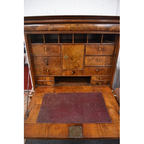 264 - Early 18th century escritoire made of very fine sections of quarter cut walnut veneer with cross ban... 