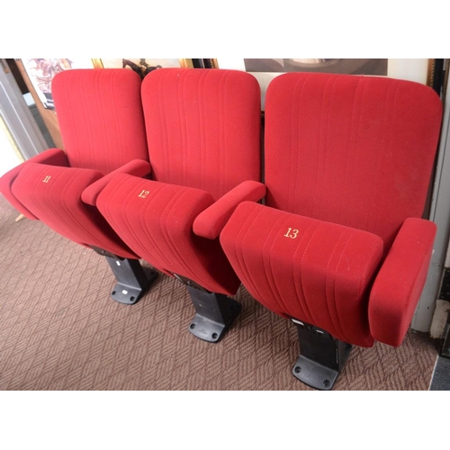 297 - Three folding cinema seats. Numbered 11, 12 and 13 from a local Theatre! Minimum bid £250 requested