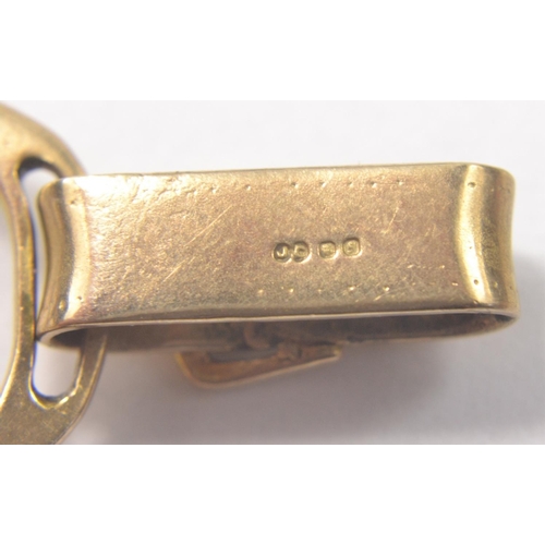 32 - 375 stamped gold stirrup-charm weight 3.86g approx and a 9k stamped gold necklace with fish shaped c... 