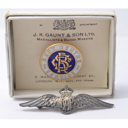 46 - A REST CENTRE SERVICE WW2 badge within it's original box made by JR GAUNT & Son Ltd and a RAF wings ... 