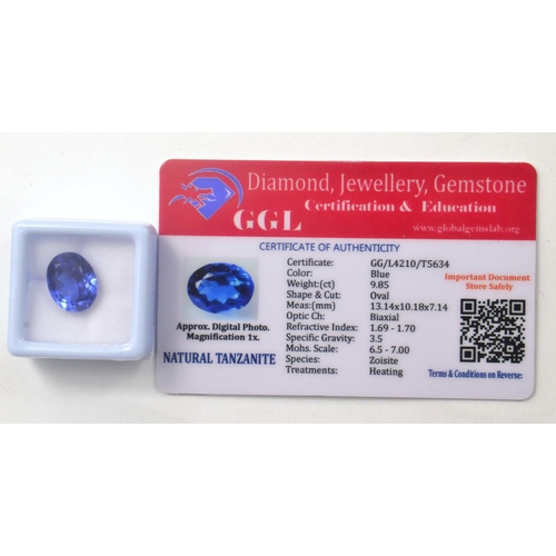 6 - Blue 9.85ct oval cut heat treated  NATURAL TANZANITE with certificate