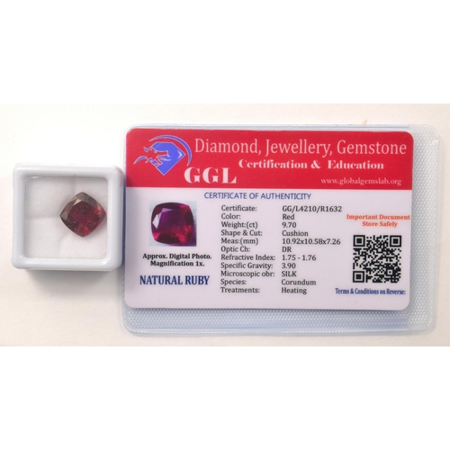 8 - Red 9.70ct cushion cut heat treated  NATURAL RUBY with certificate