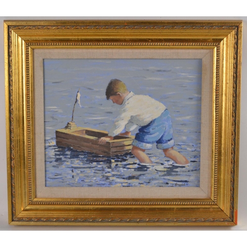 1 - JACK HOGGAN Scottish b1951(JACK VETTRIANO OBE) 'Boy Boating' Original oil on board  Length 28.5cm x ... 