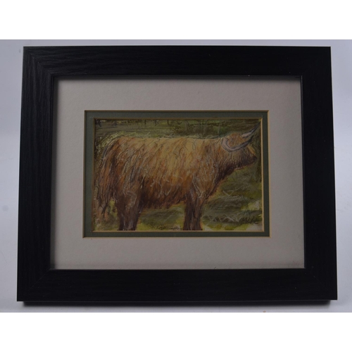 113 - Mixed media work by Marion Boddy Evans of a Highland cow. This well known artist is based on the Isl... 