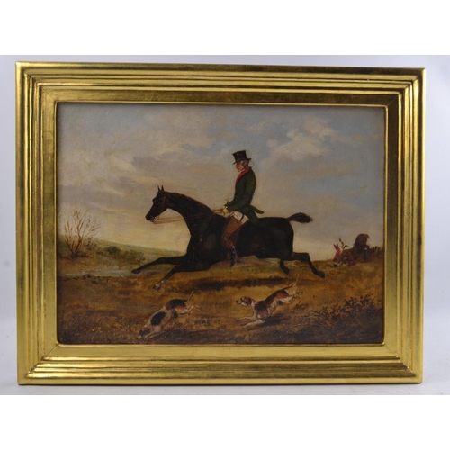 114 - ENGLISH SCHOOL Hunter & Hounds oil on canvas. Early 19th century 29cm x 40cm No signature visible on... 