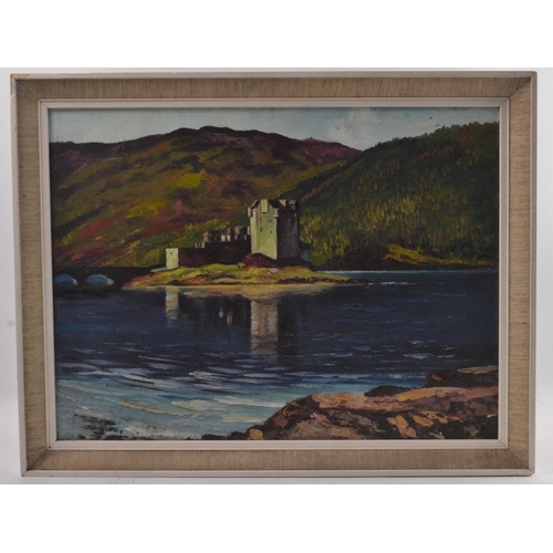 12 - Unsigned oil on board of 'Eilean Donan castle' taken from opposite shore. Condition Report: Prior to... 