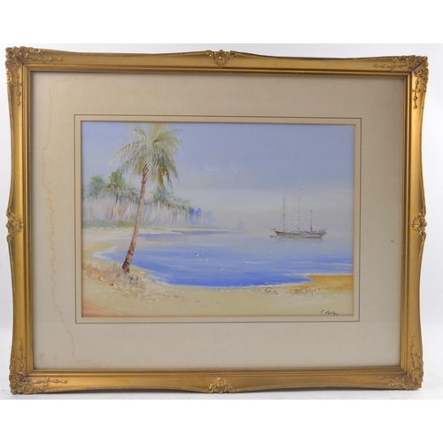 149 - Fred H. Varley. British (1881-1969) watercolour c1920's no title tropical bay scene with moored ship... 