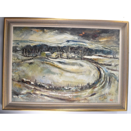 43 - JAMES WATT Scottish b1931- 'Winter Duchal Mains' oil on canvas signed WATT bottom right 70cm x 100cm... 