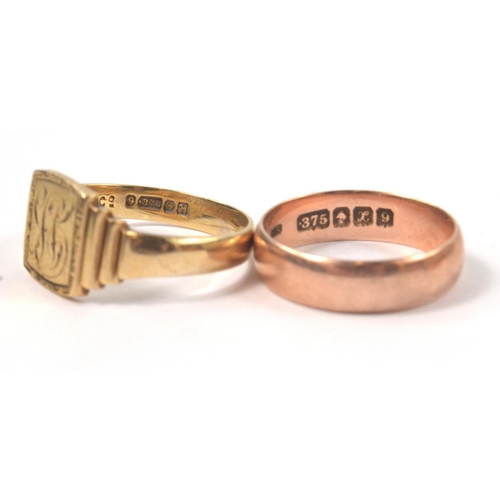 1 - 375 stamped gold wedding band ring size P 1.98g, another 375 stamped gold wedding band which has bee... 