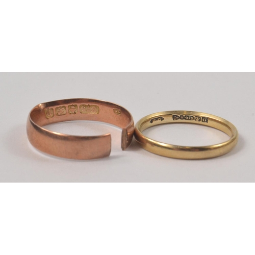 1 - 375 stamped gold wedding band ring size P 1.98g, another 375 stamped gold wedding band which has bee... 