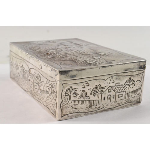 103 - Embossed London silver cigarette box depicting rural scene with castle and houses