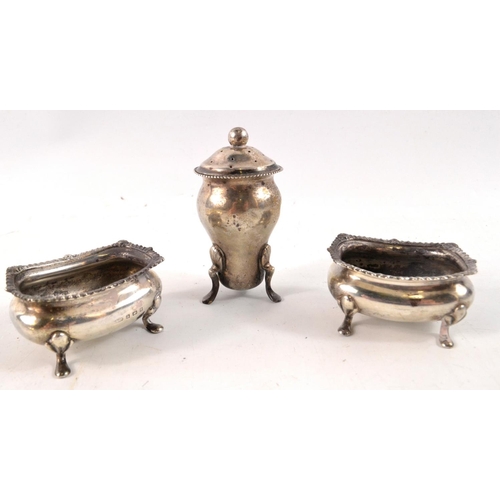 105 - Pair of Birmingham Silver salts 5.5cm long and separate silver pepper pot 7.5cm tall, 4 Glasgow Silv... 