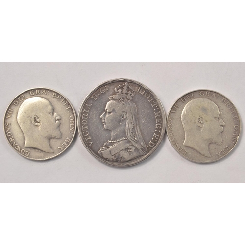 136 - An 1889 Queen Victoria silver Full Crown, and two Edward V11 Half Crowns, 1902 and 1910